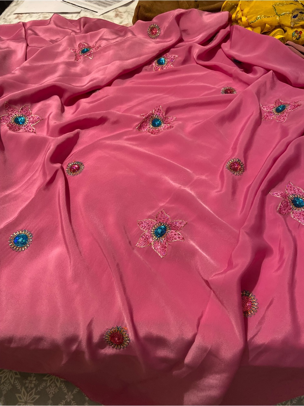 Floral Embroidered Pink 1 Yard Fabric Made In India Blue Sequin Accents Sewing